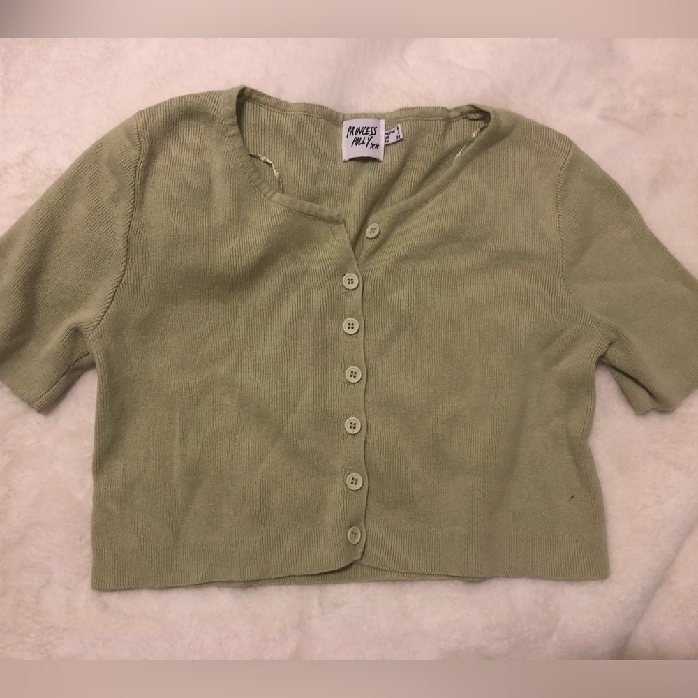 Princess Poly Sage Green Button Front Cropped Top